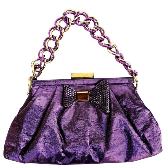 Fabiana Mori Italian Purple Satin Evening Bag Rhinestone Bow Chain Handle 2010s - Picture 1 of 12